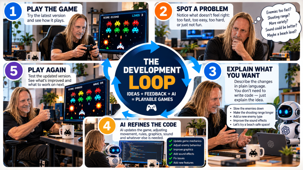Five stages of AI-assisted game development: play the game, identify a problem, explain the desired change, refine the code with AI, and test the improved version.