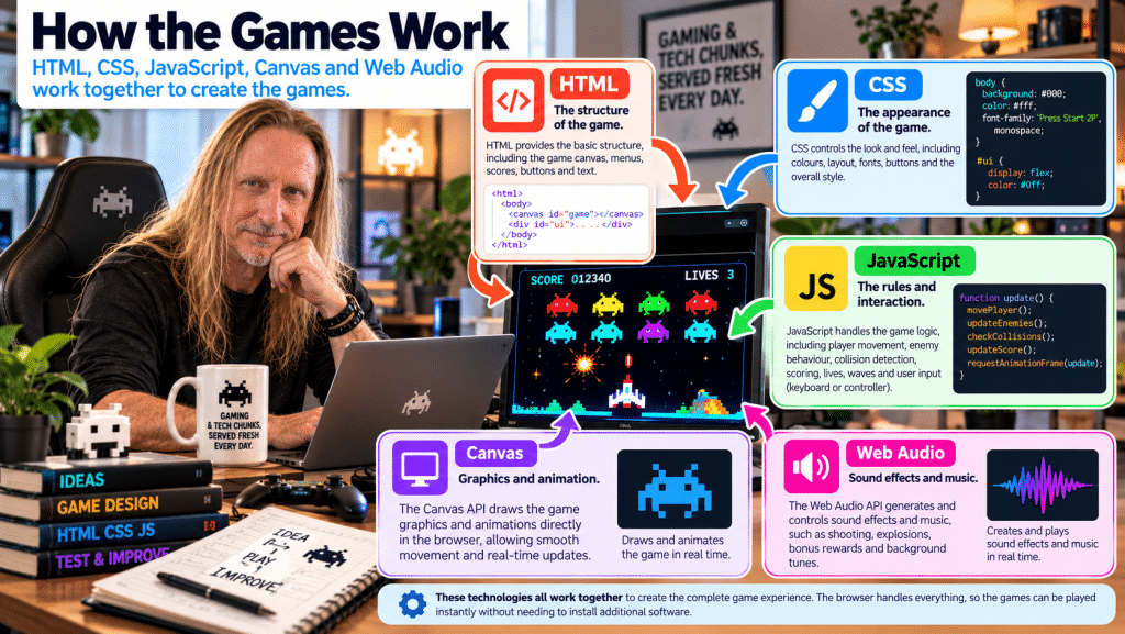 Infographic showing how HTML, CSS, JavaScript, Canvas and Web Audio work together to create browser-based arcade games, with Gramepa at his computer and a retro space-invaders game on screen.