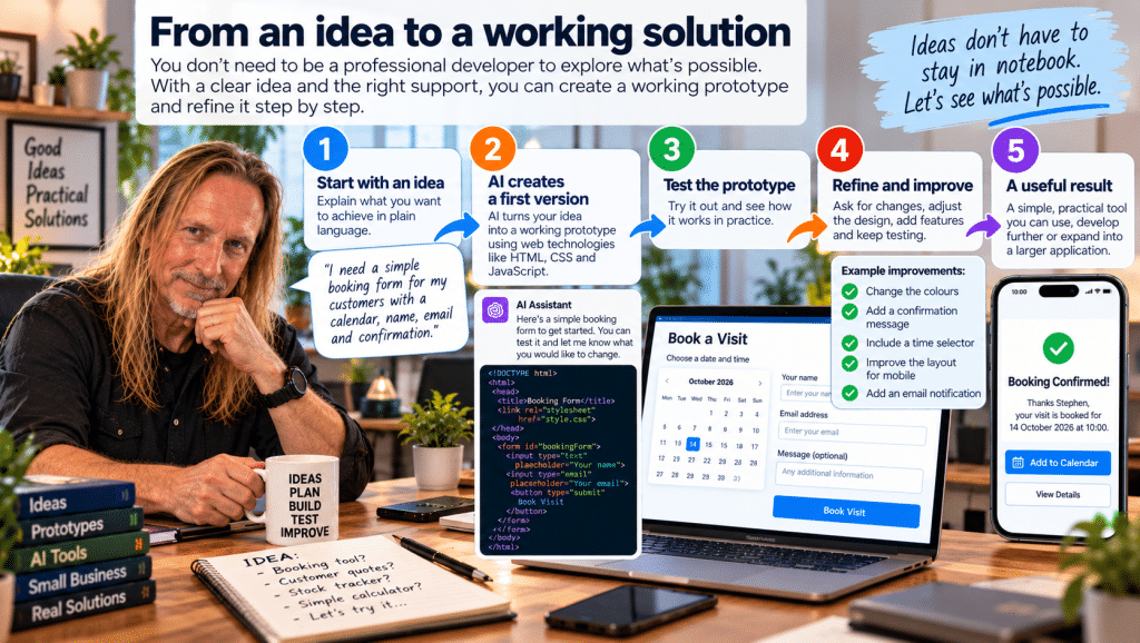 Infographic showing how a small-business idea can become a working digital tool through AI-assisted prototyping, testing and refinement, with an example online booking form.